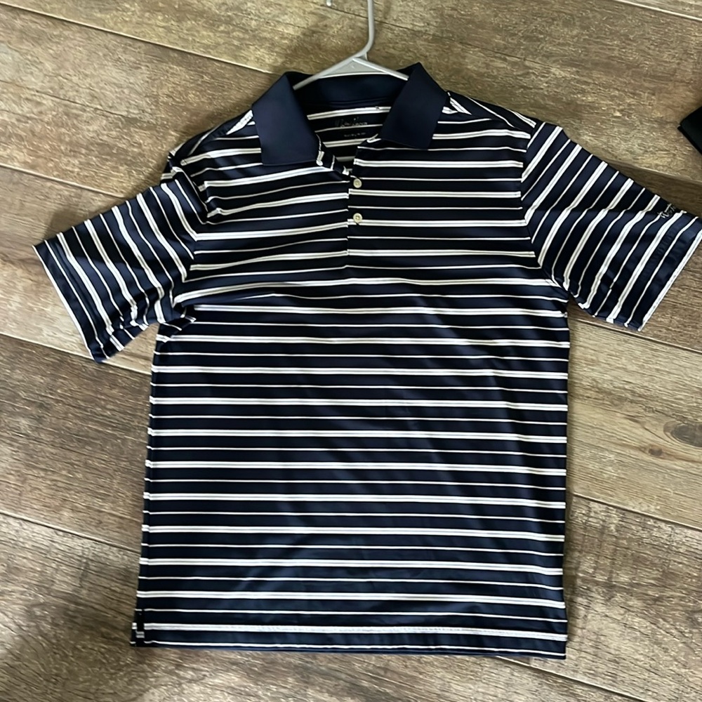 Blue and white striped polo